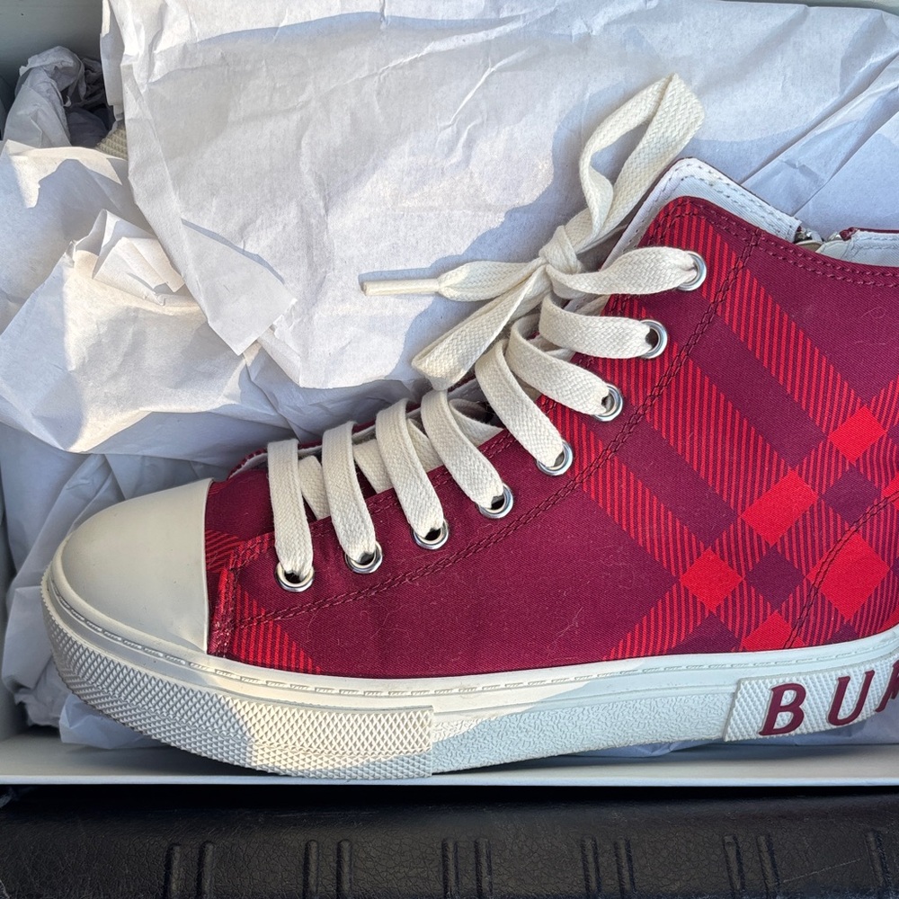 Burberry Red Plaid High-Top Sneakers with Cream Accents